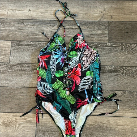 NWT Women Black Floral Deep V Neck Halter Plunging Backless One Piece Swimsuit - Picture 5 of 10